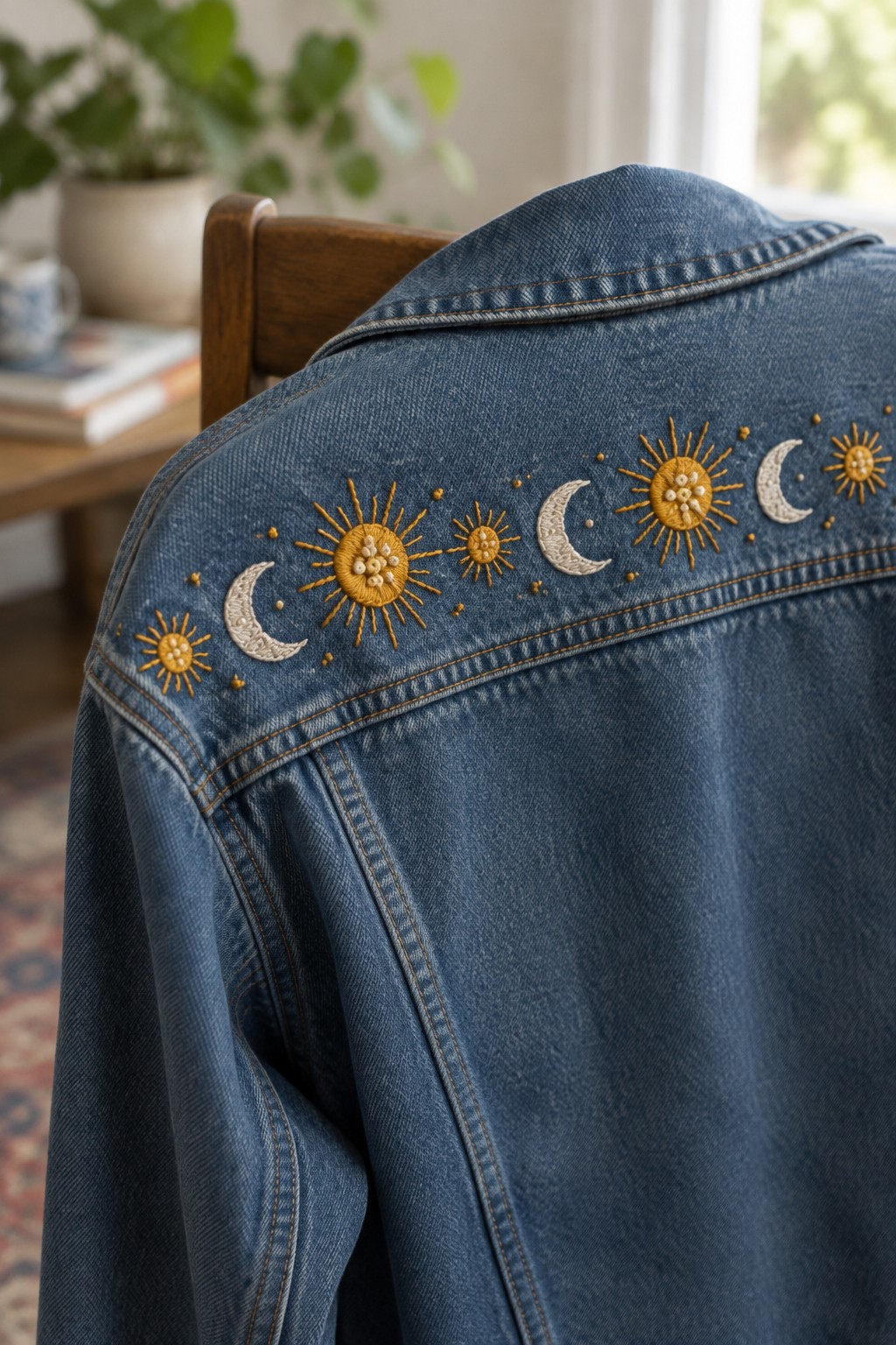 A blue denim jacket draped over a wooden chair, embroidered with alternating golden suns and pale crescent moons across the back yoke.