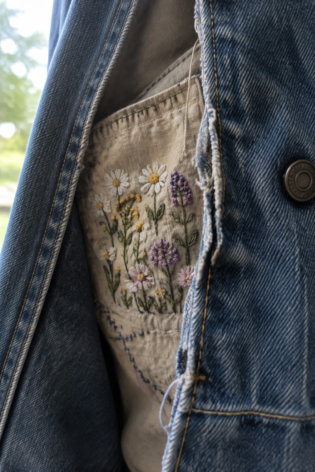 A denim jacket is open to reveal a beige pocket embroidered with small colorful wildflowers.