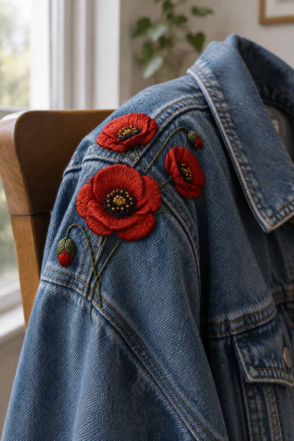A blue denim jacket draped over a wooden chair, embroidered with red poppies and green stems along the shoulder.