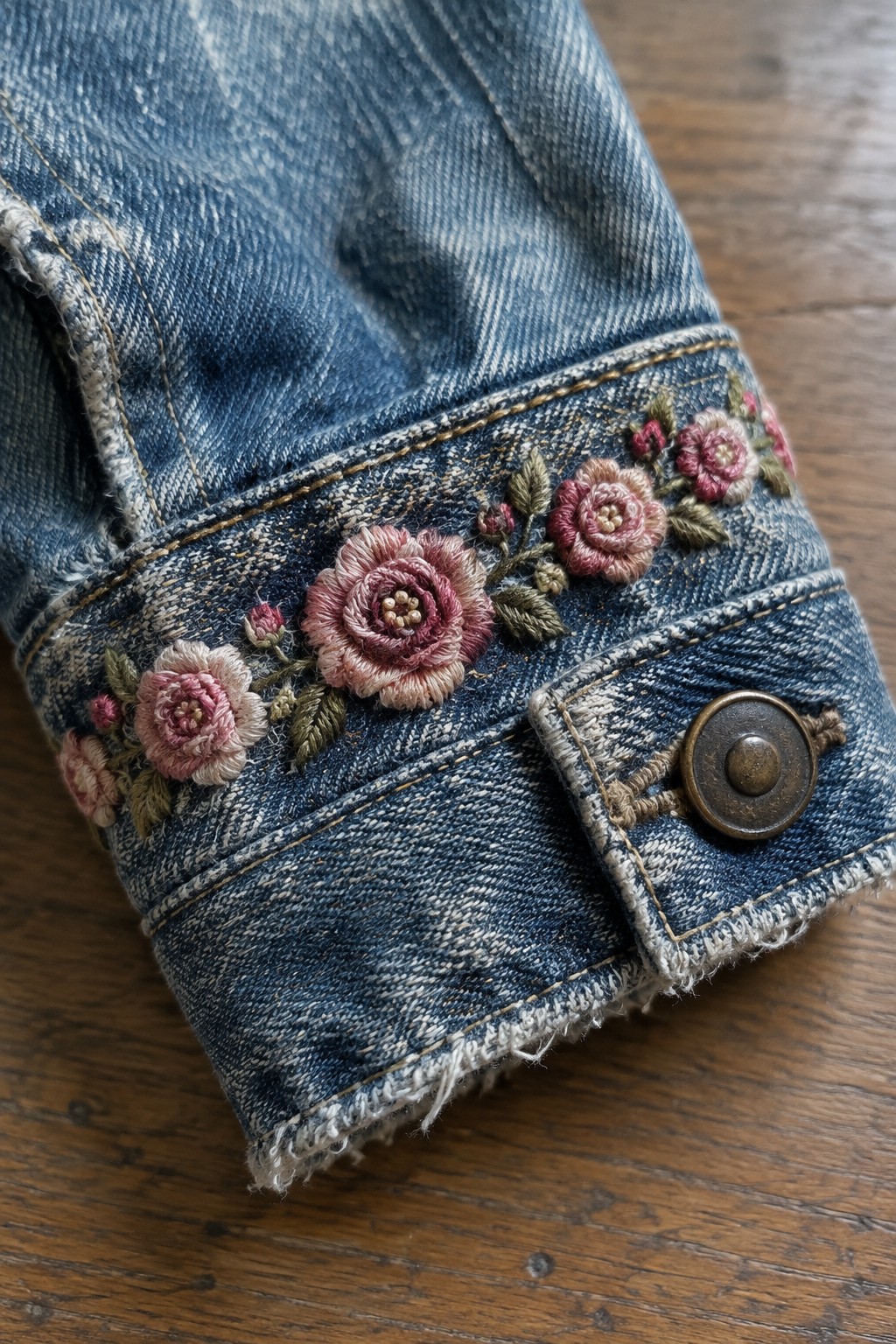 Pink and green floral embroidery decorates the cuff of a blue denim jacket beside a metal button.
