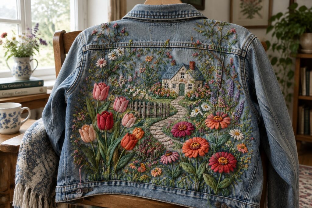 The back of a denim jacket embroidered with a cottage, garden path, flowers, and greenery, hanging on a wooden chair.