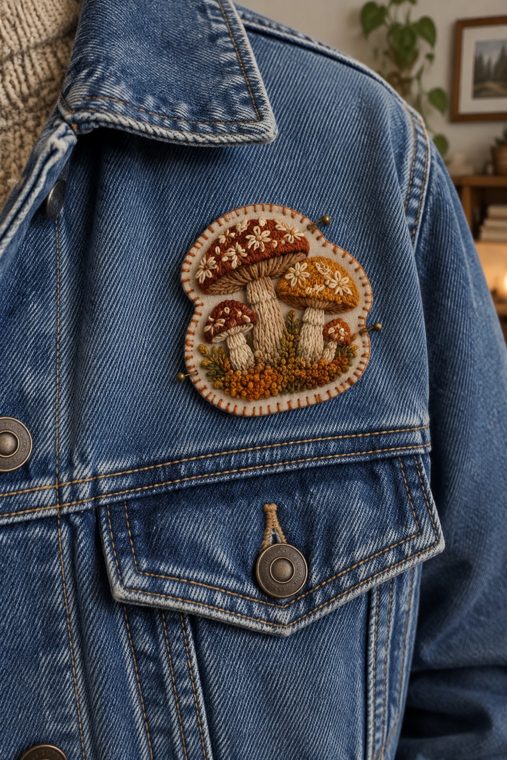 A textured mushroom embroidery patch is pinned to the chest of a blue denim jacket.