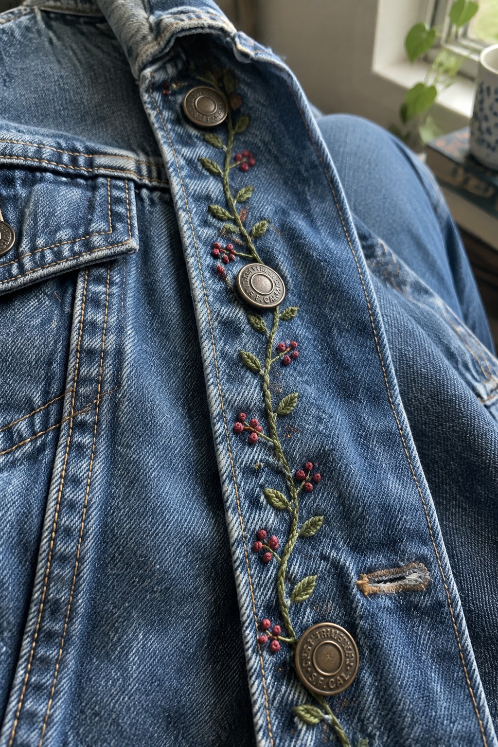 Green leaves and red berries are embroidered in a vertical vine along the button placket of a blue denim jacket.