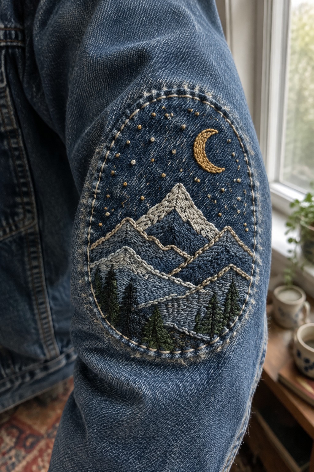 Circular embroidered mountain landscape with pine trees, stars, and a crescent moon on a denim jacket sleeve.
