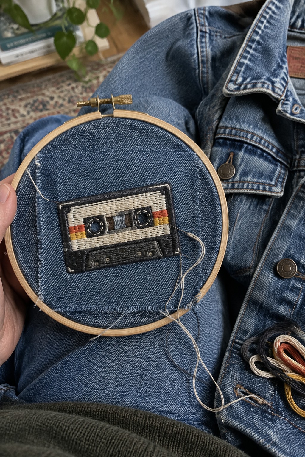 An embroidered cassette tape on denim held in an embroidery hoop over a denim jacket.