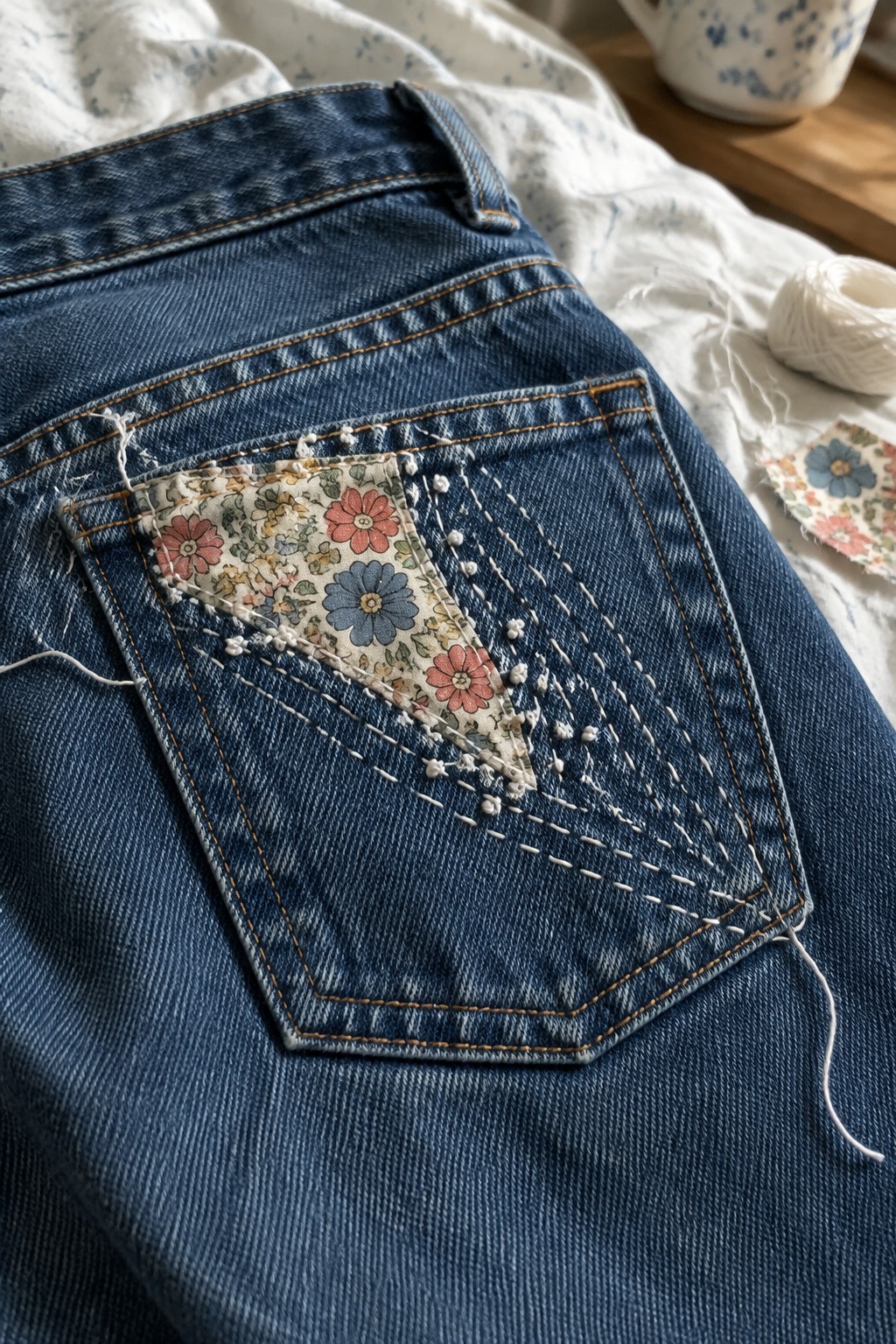 Blue jeans with a floral fabric patch and white stitching on a back pocket.