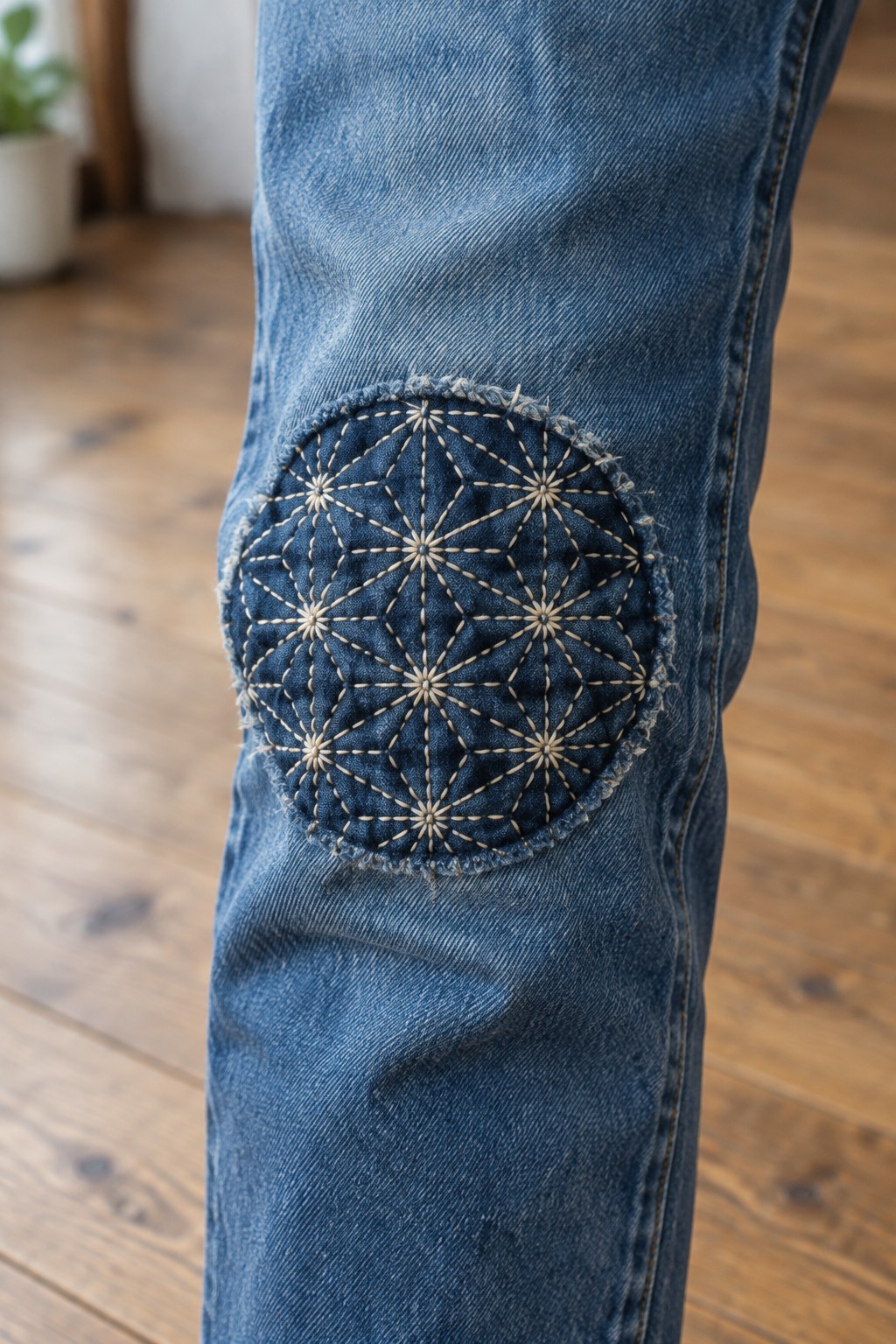 A circular dark denim patch with cream geometric stitching covers the knee of blue jeans.