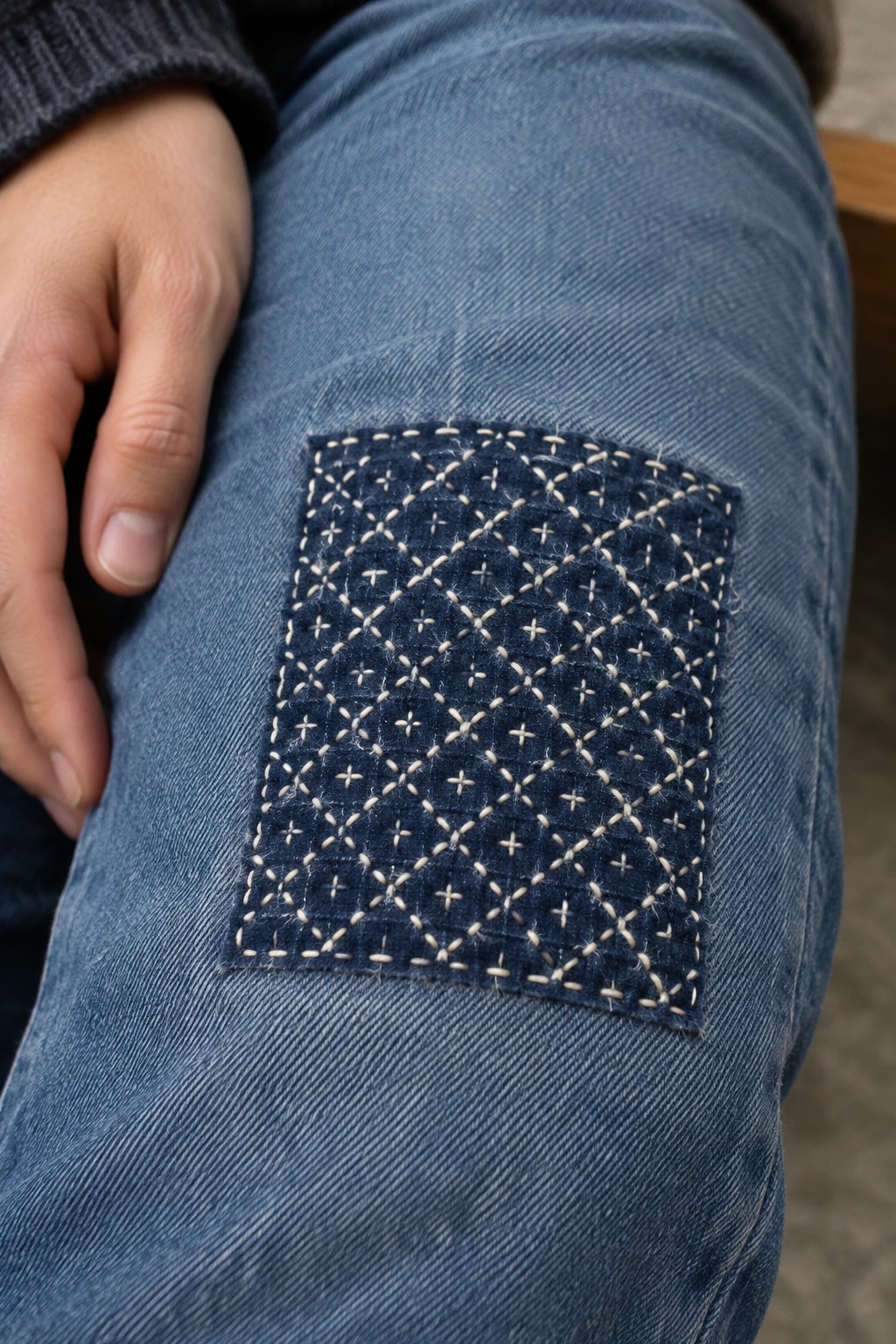 A dark indigo square patch with pale sashiko stitching is sewn onto the knee of blue jeans.
