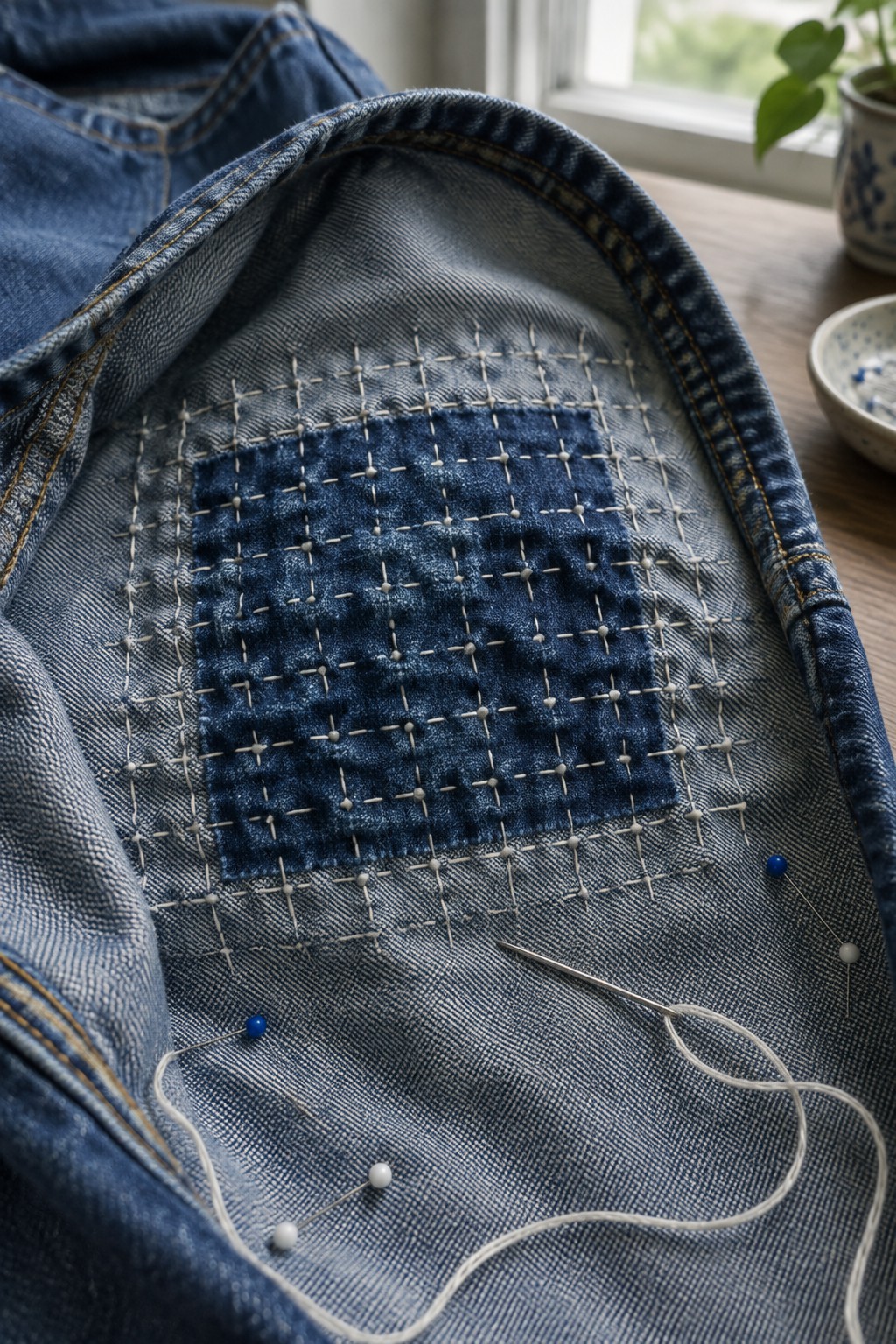 A rectangular blue denim patch is pinned and stitched with a pale grid inside a pair of jeans.