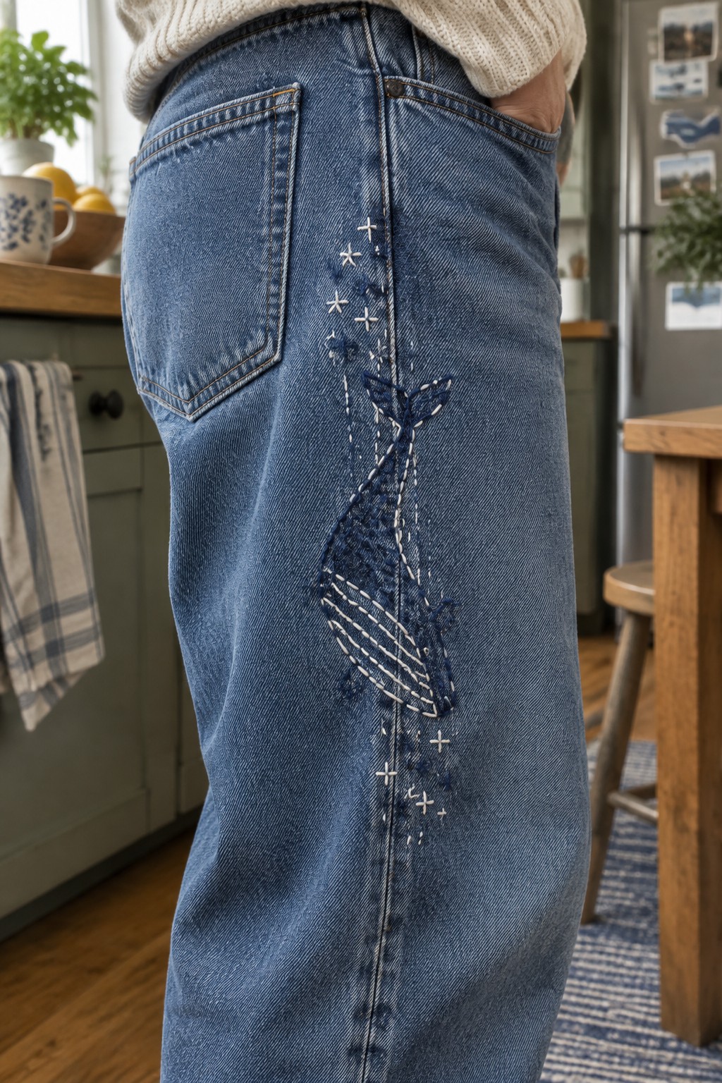 A dark and light stitched crane with small star-like accents decorates the side seam of blue jeans.