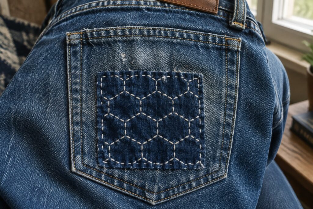 Blue jeans with a rectangular dark denim patch stitched in a geometric pattern on the back pocket.