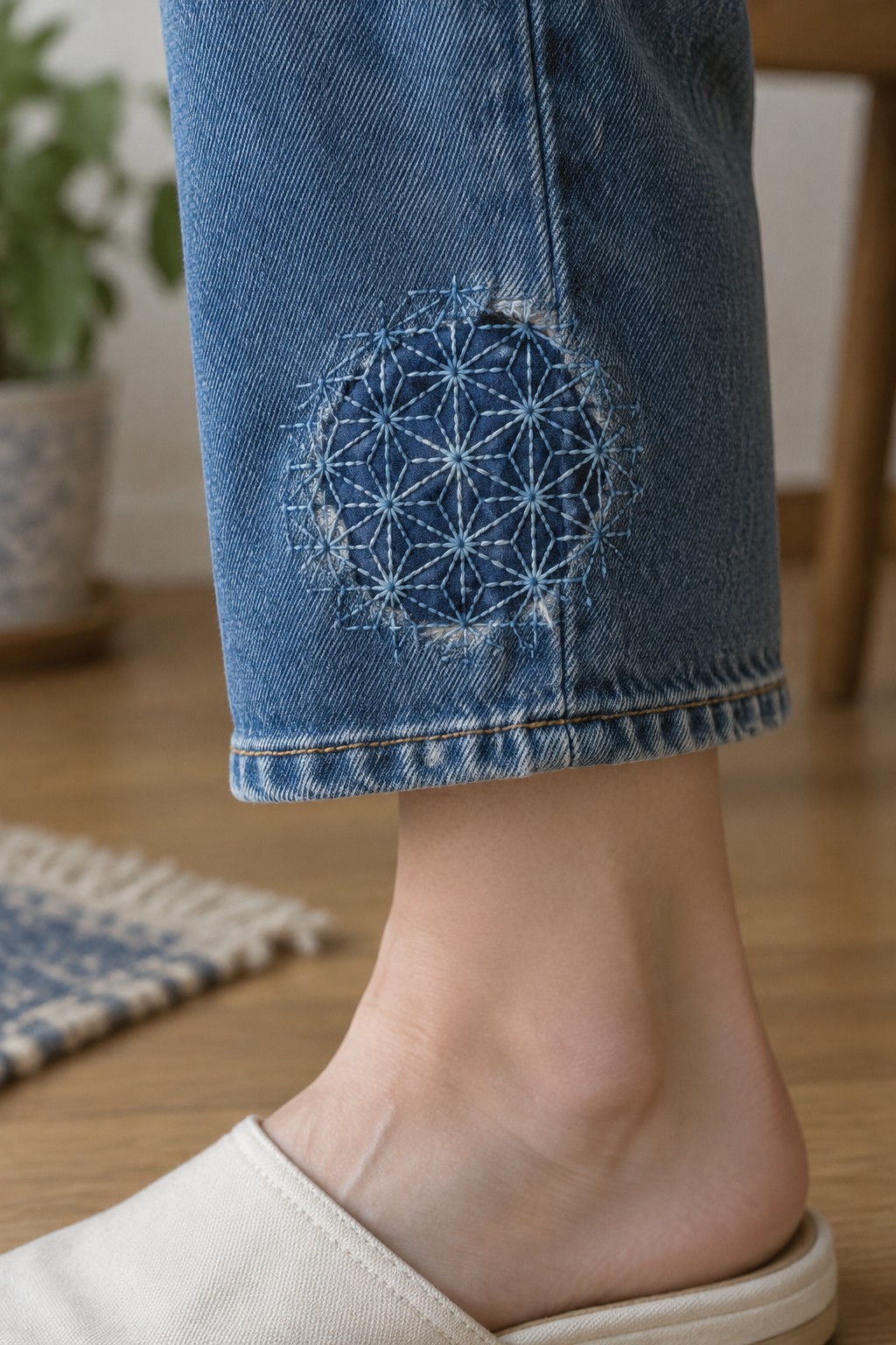 Pale blue geometric sashiko embroidery decorates the cuff of blue jeans worn with a white slipper.
