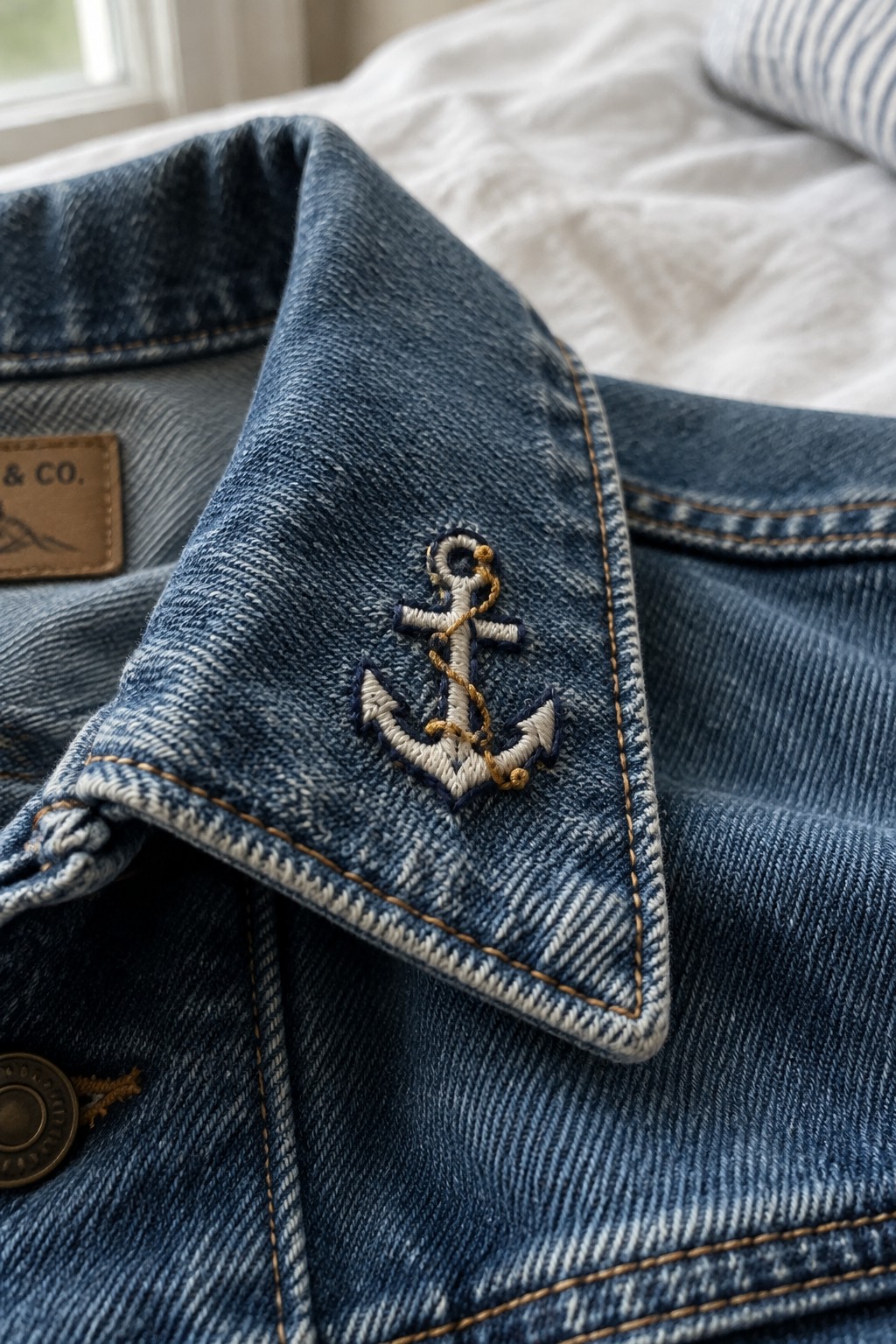 Close-up of a cream and gold anchor embroidered on the lapel of a blue denim jacket.