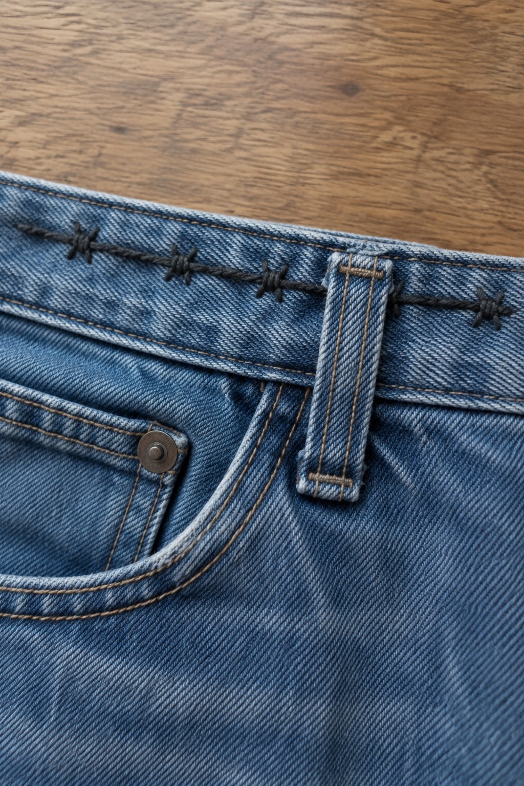 Close-up of blue jeans with black X-shaped stitches along the waistband and a belt loop.