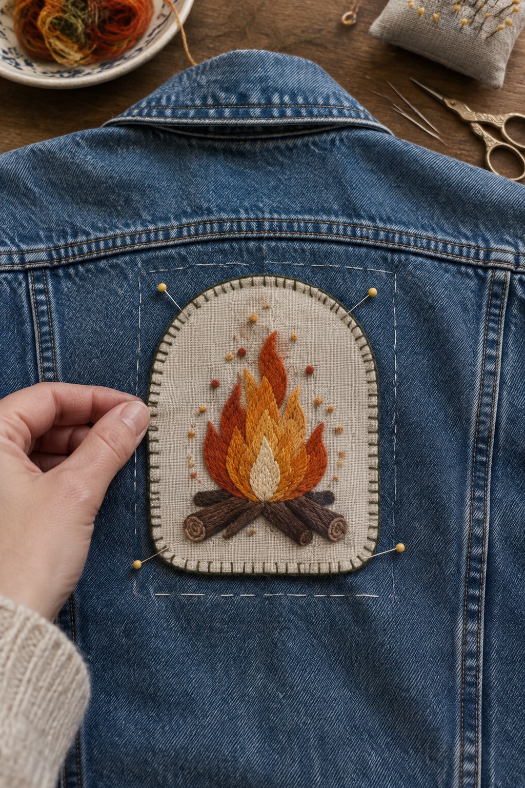 A hand pins a rectangular embroidered campfire patch onto the back of a denim jacket.