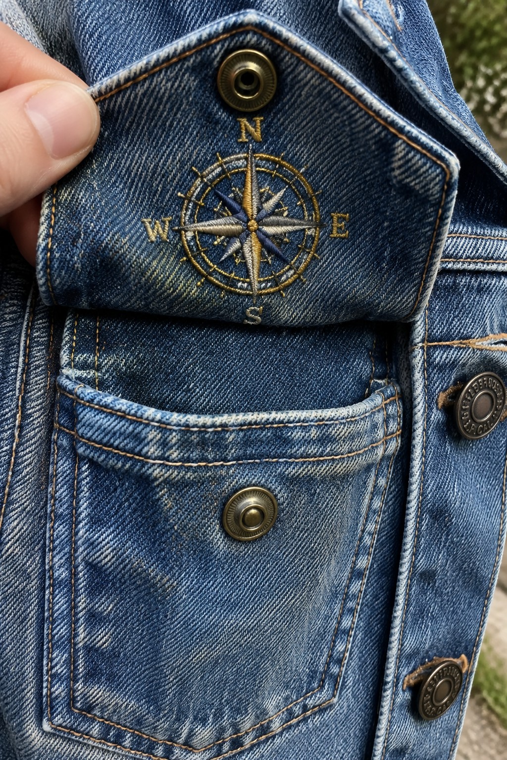 Gold compass rose embroidery on the flap of a blue denim jacket pocket.