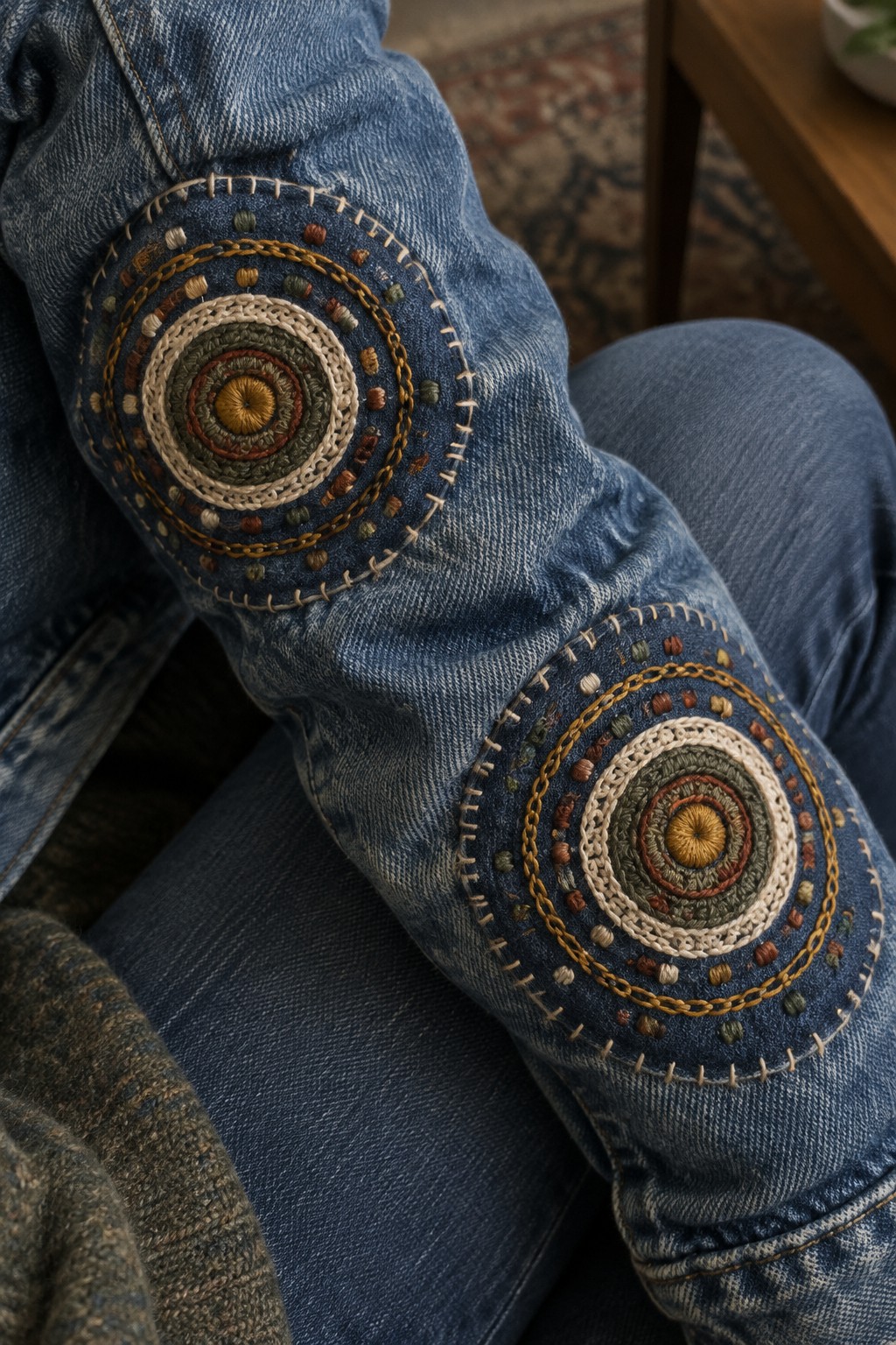 Two circular, multicolored embroidered medallions cover the knees of blue jeans.