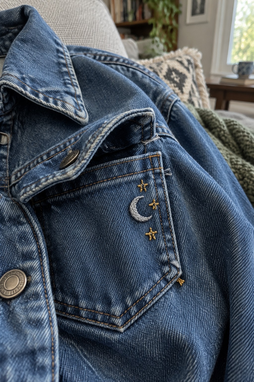 A blue denim jacket with a crescent moon and gold stars embroidered on its chest pocket.