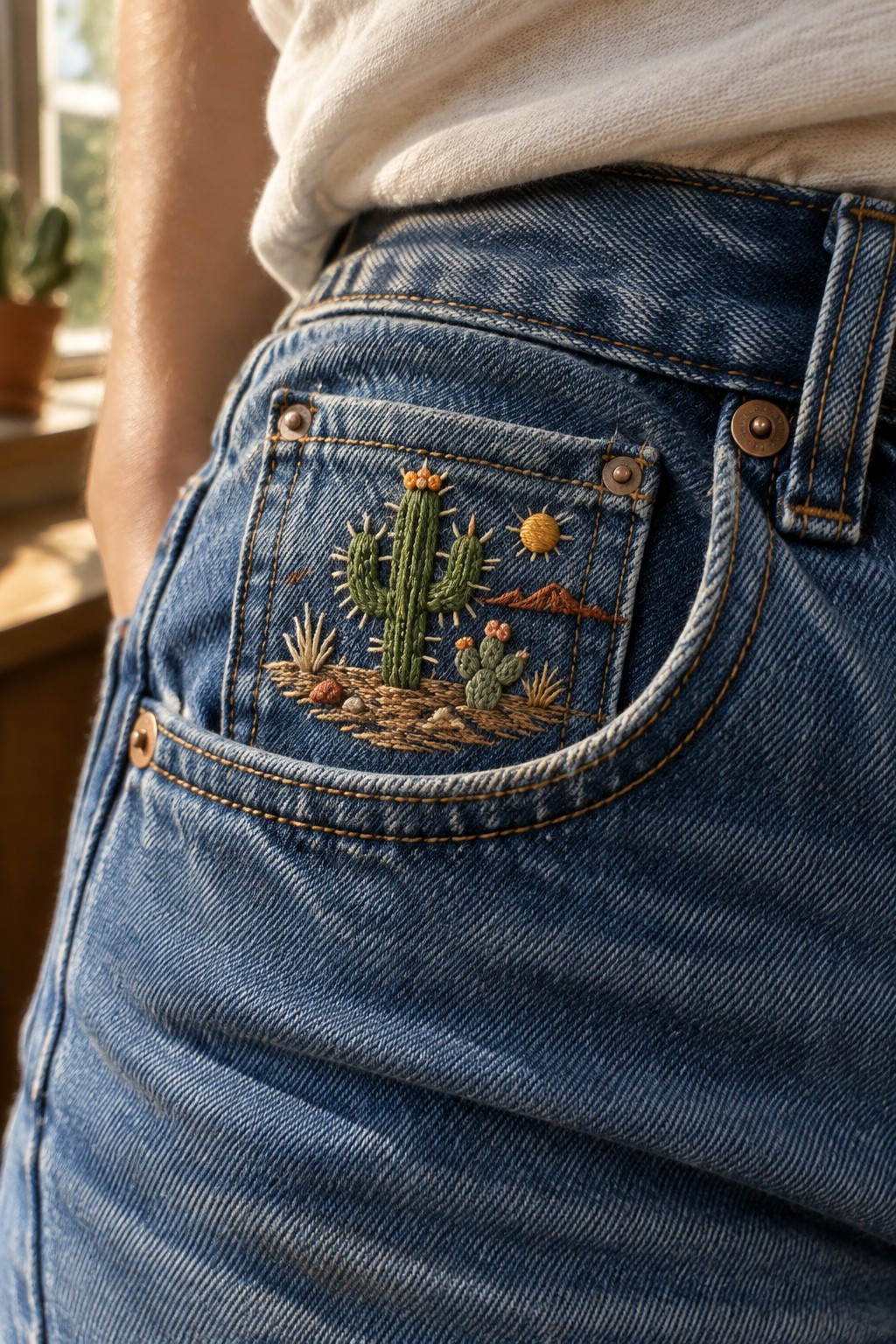 A small embroidered desert scene with cacti decorates the back pocket of blue jeans.