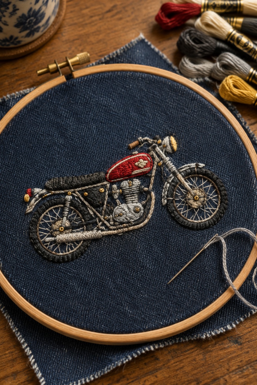 A motorcycle embroidered in dark, cream, red, and gold thread on denim held in a wooden hoop.