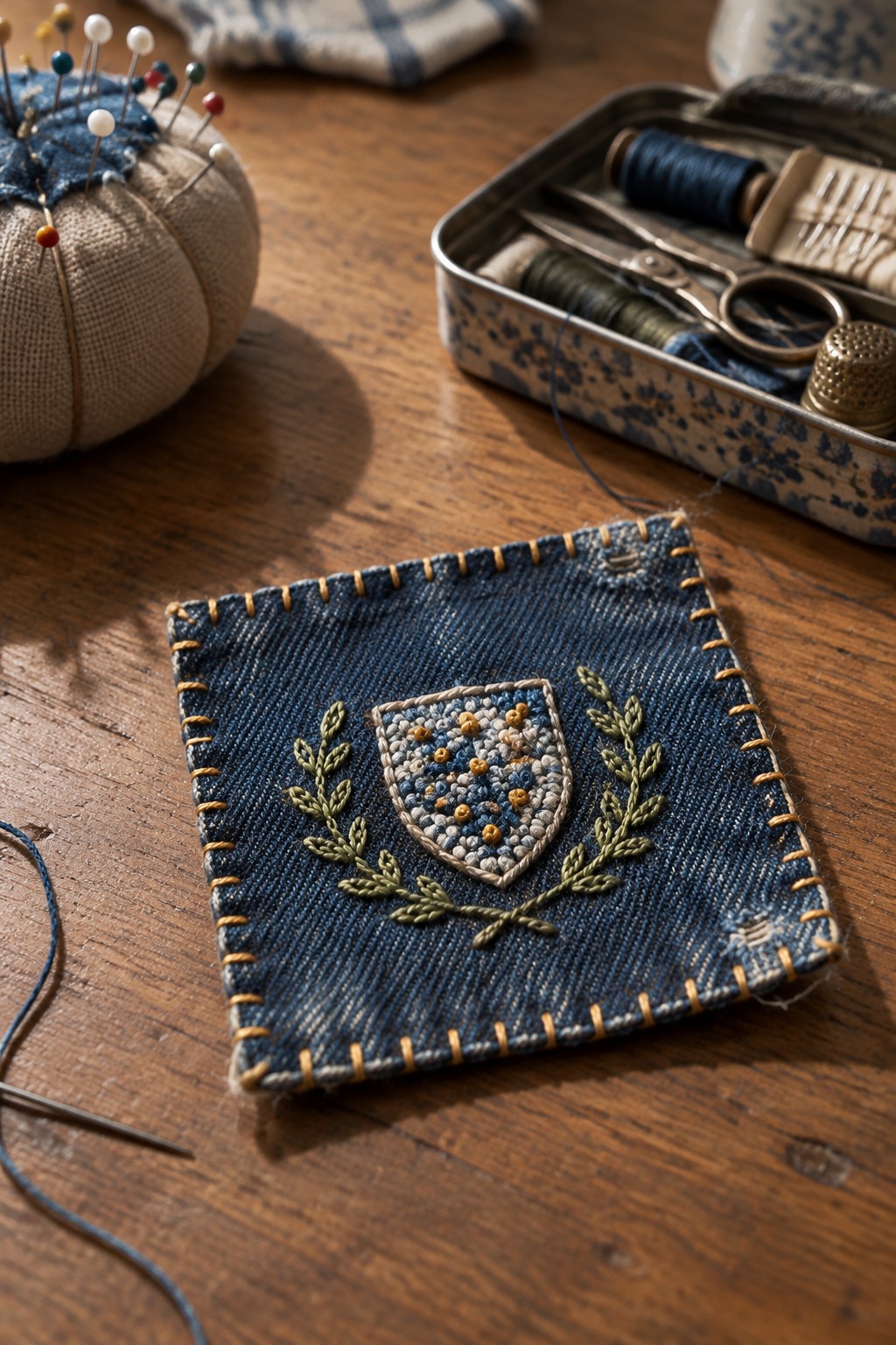A dark denim patch with a stitched floral crest and yellow edging rests on a wooden table beside a pincushion and sewing tin.