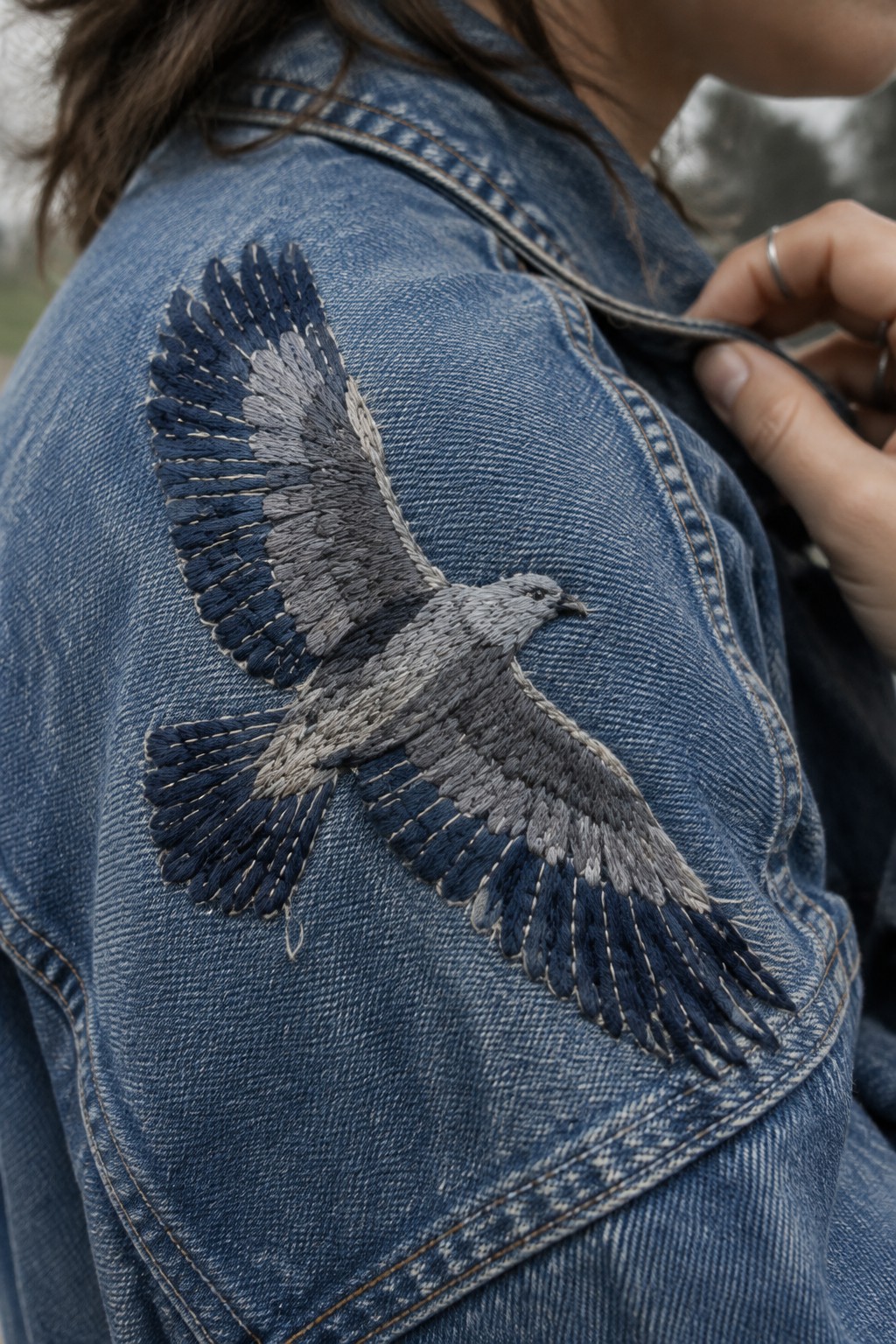 A gray and navy embroidered bird spreads its wings across the back of a blue denim jacket.