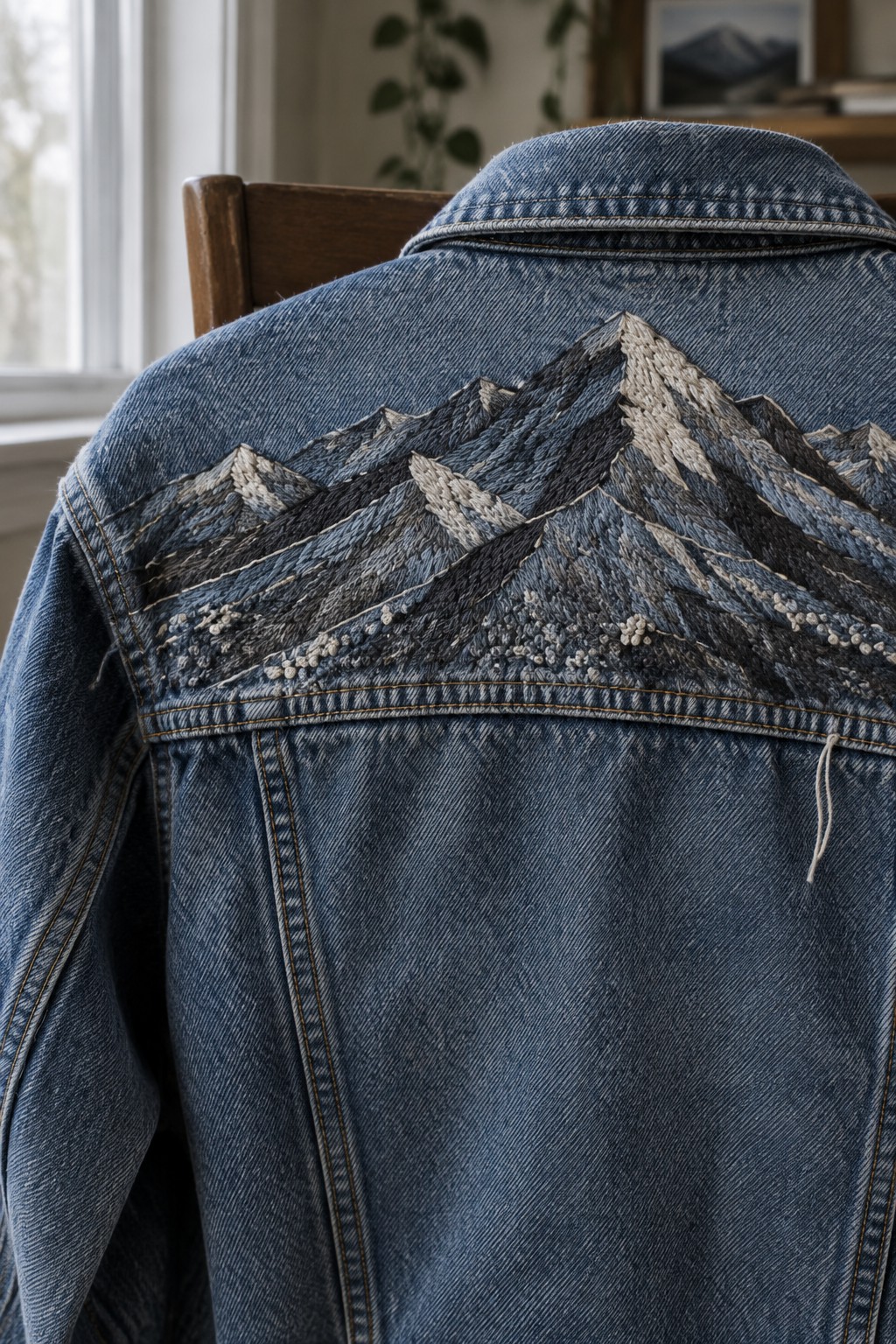 A blue denim jacket with layered mountain embroidery stitched across the upper back.