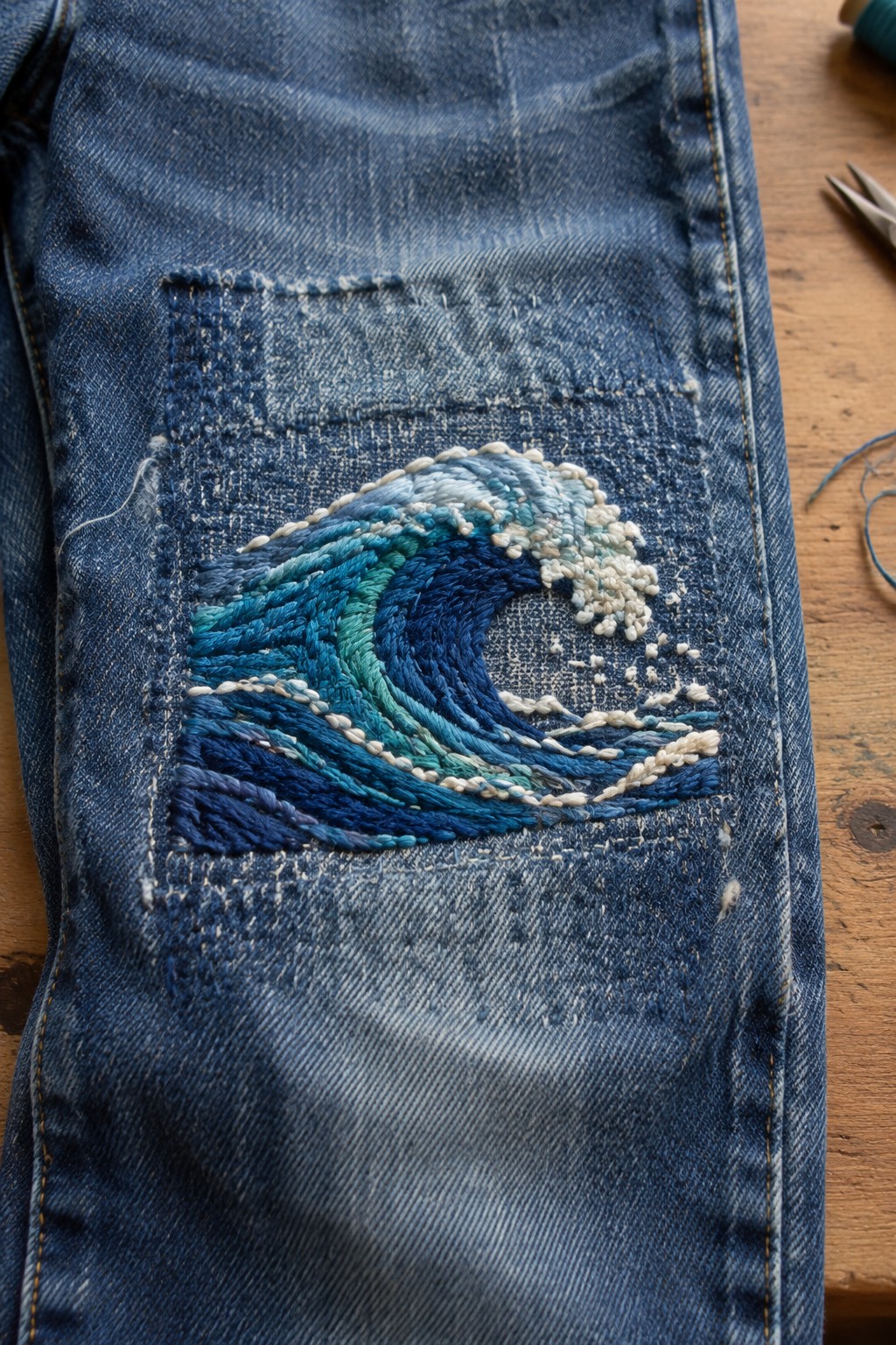 A blue and white embroidered curling wave sits inside a rectangular stitched area on a denim jeans leg.