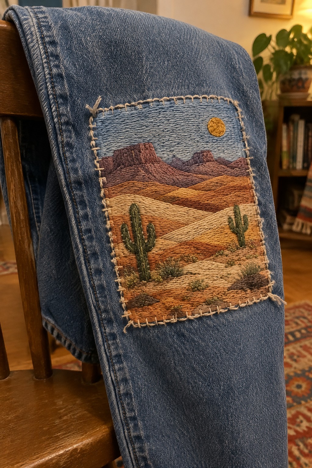 Blue jeans draped over a wooden chair with a stitched desert landscape patch featuring mesas, a sun, dunes, and cacti.