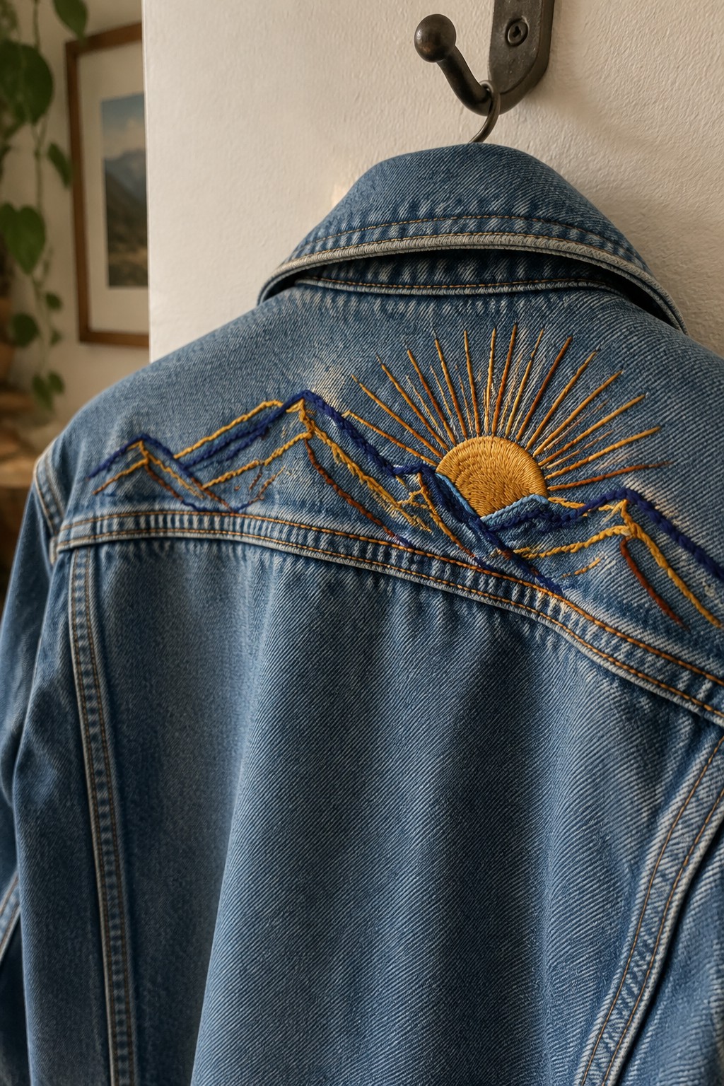 A blue denim jacket hangs on a wall hook, embroidered across the back yoke with blue and gold mountain peaks and a rising sun with orange rays.