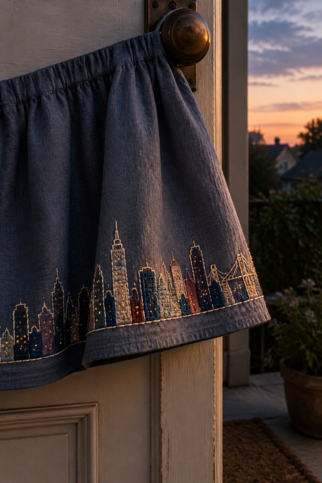A dark blue embroidered curtain with a city skyline border hangs from a brass door knob beside an open doorway at sunset.