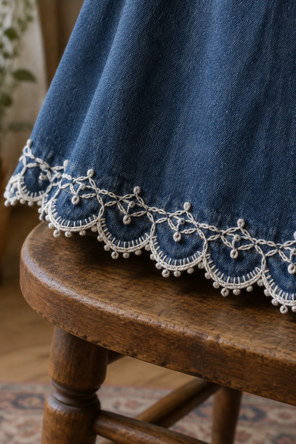 Cream looped embroidery trims the hem of a dark denim skirt draped over a wooden stool.