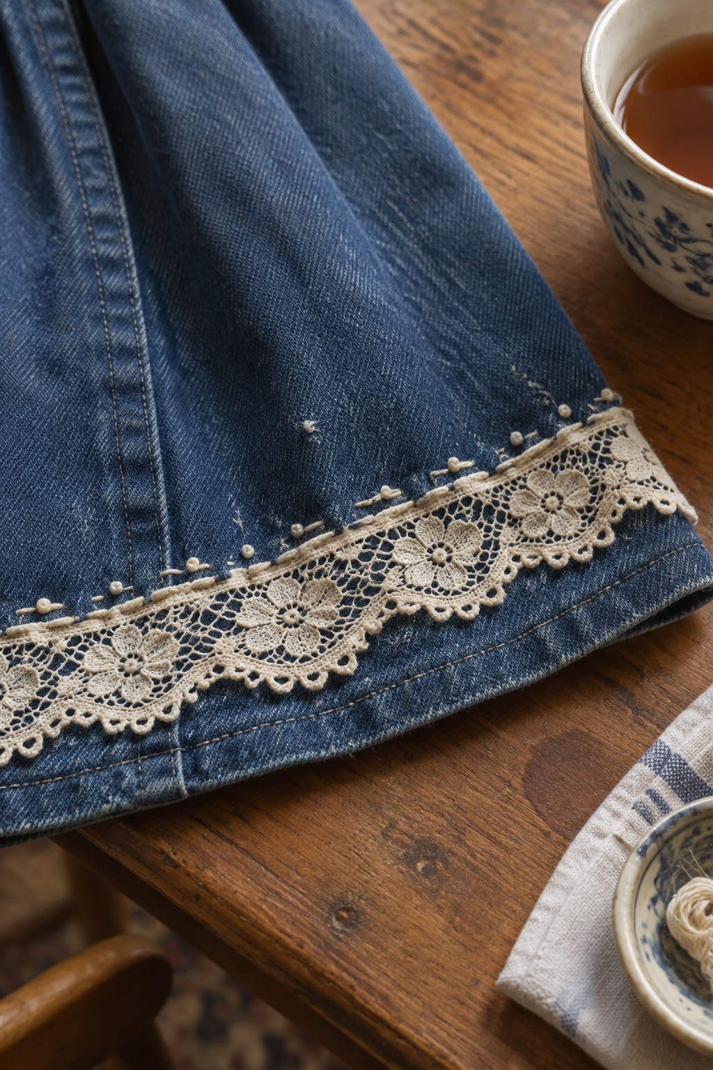 Cream floral lace trim with small stitches along the hem of a blue denim skirt on a wooden table.