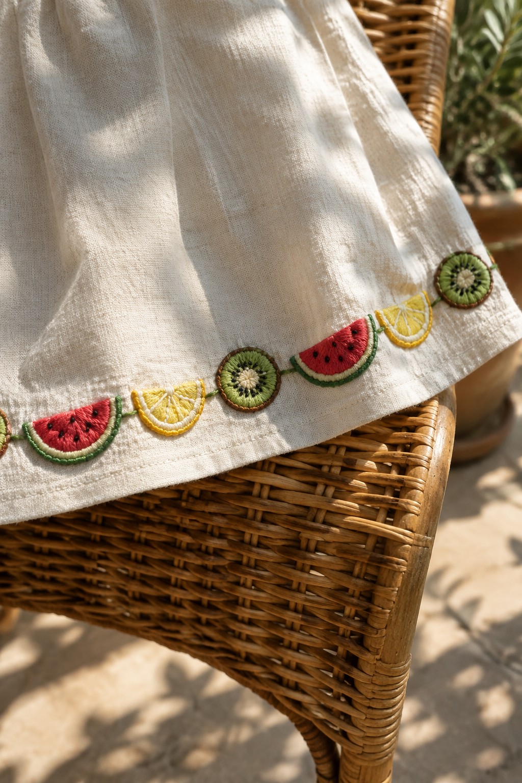 Cream fabric with embroidered watermelon, lemon, and kiwi slices draped over a wicker chair.