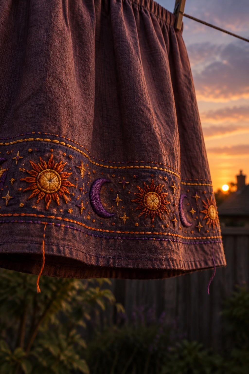 Brown fabric with an embroidered band of orange suns, purple crescent moons, and small stars hangs against a sunset.