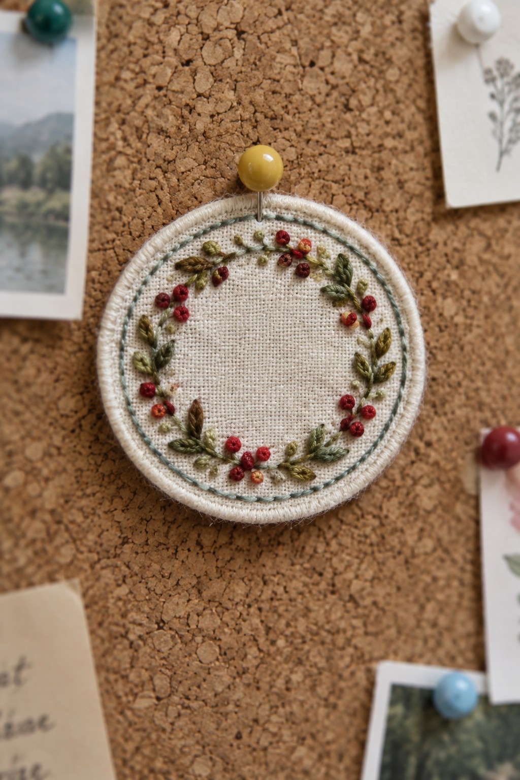 A round embroidered fabric piece with a red berry and green leaf wreath pinned to a corkboard.