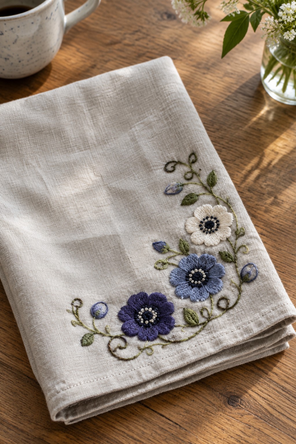 A folded beige linen tea towel with embroidered blue, purple, and white flowers along one edge rests on a wooden table beside a coffee cup and vase.