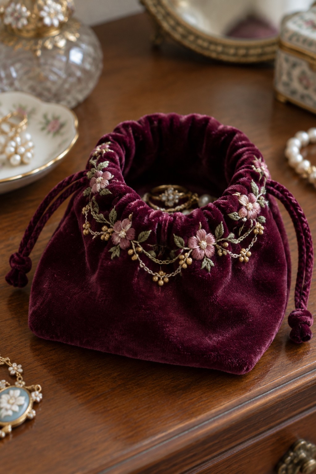 Burgundy velvet drawstring pouch with pink floral embroidery and dangling gold-toned details around the gathered opening.