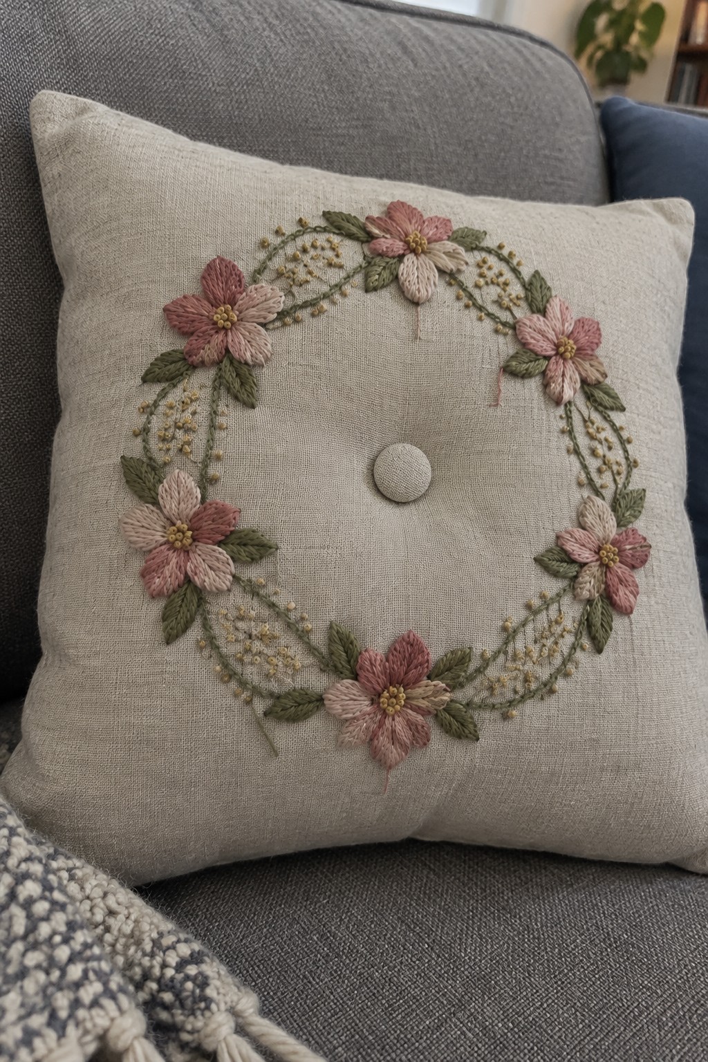 A beige cushion with a circular embroidered border of pink flowers, green leaves, and yellow accents around a fabric-covered center button.