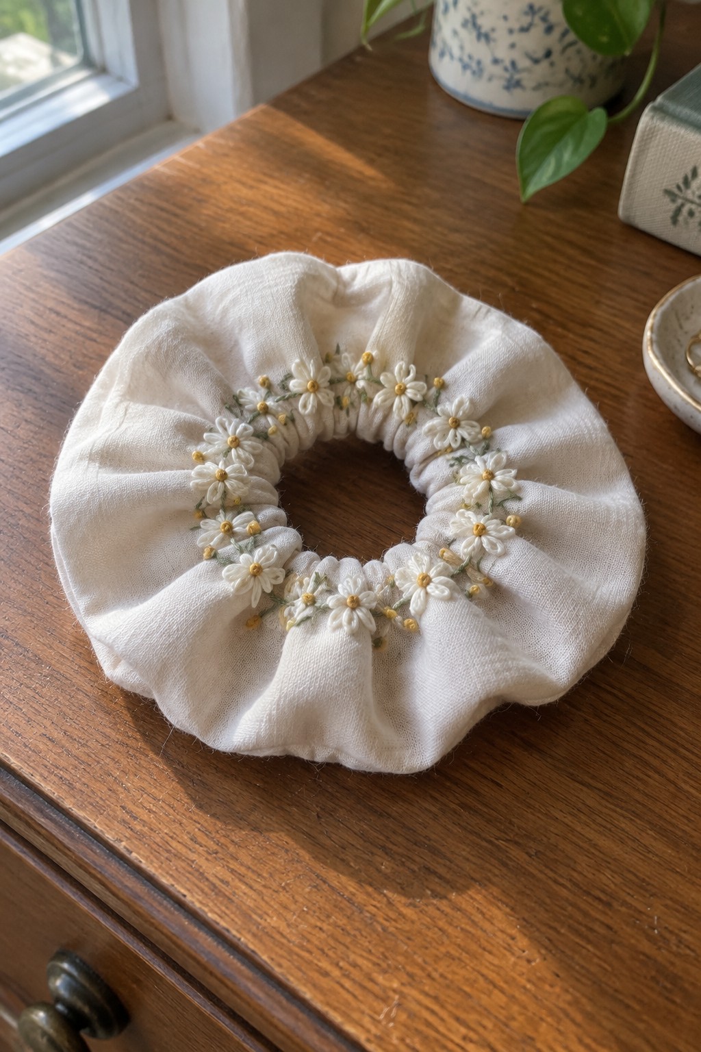 A white gathered fabric scrunchie embroidered with small daisies rests on a wooden dresser.