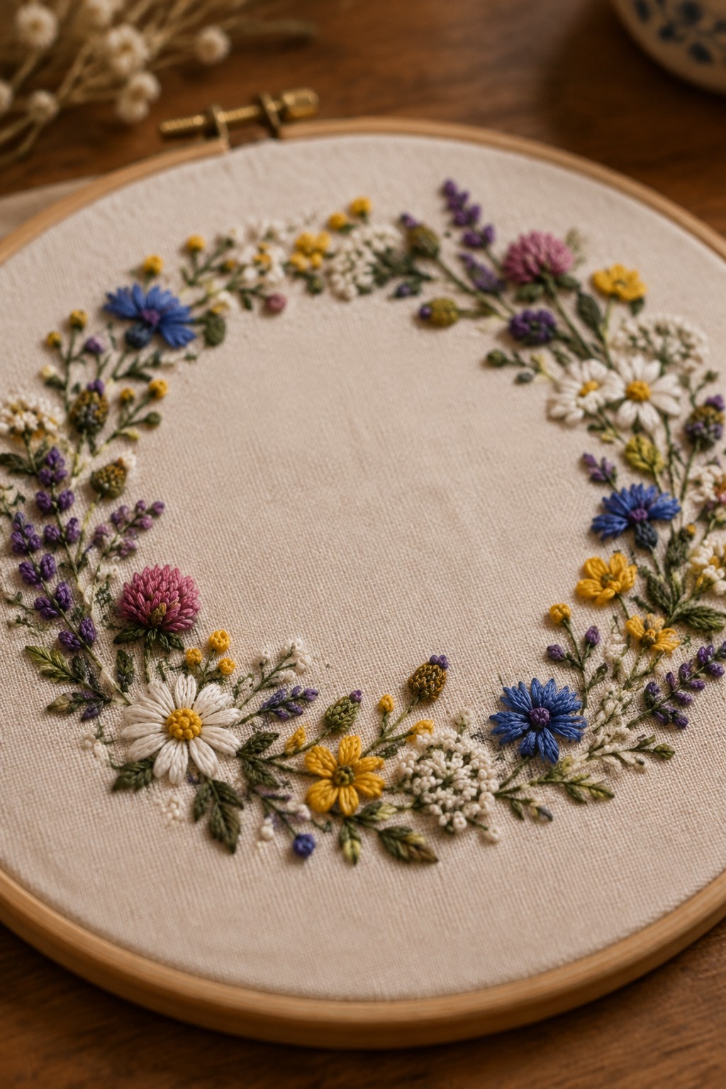 An embroidery hoop holds a circular border of colorful stitched wildflowers around a blank fabric center.