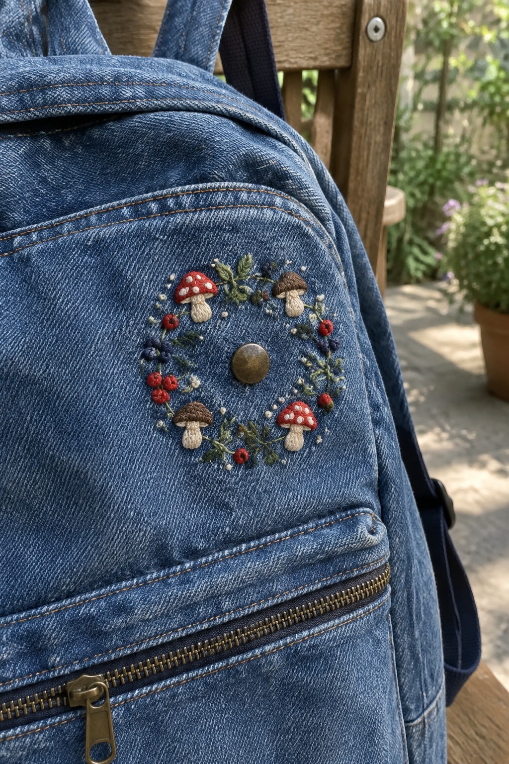 A denim backpack with a circular embroidered wreath of mushrooms, berries, and leaves on its front pocket.