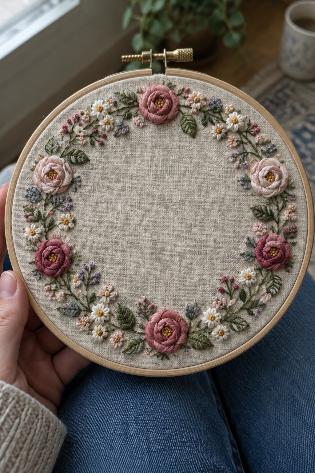 A wooden embroidery hoop holds beige fabric stitched with a circular border of pink and white flowers, green leaves, and small buds around a blank center.