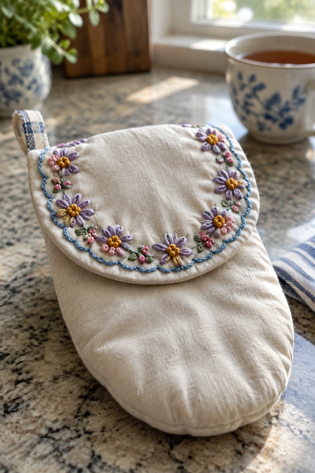 A cream fabric potholder with a rounded flap embroidered with a blue scalloped border and colorful flowers.