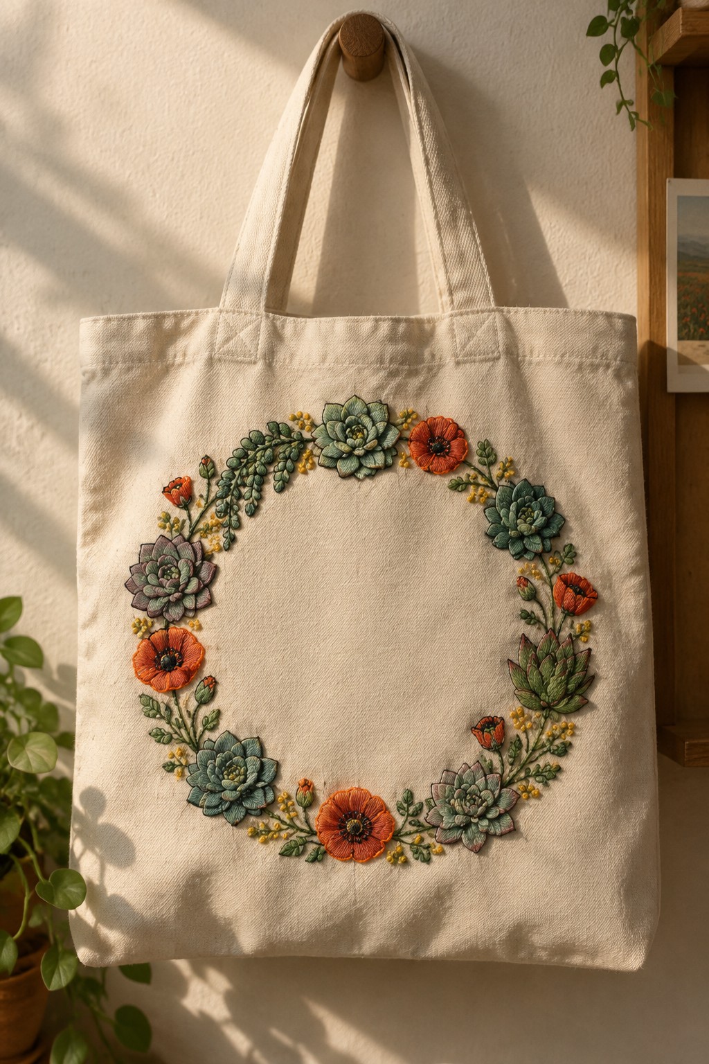 An off-white tote bag embroidered with a circular wreath of green succulents, leafy stems, and orange poppies.