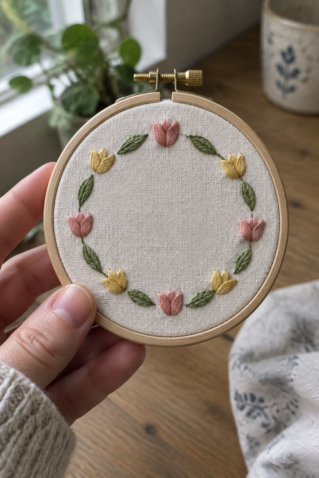 A hand holds an embroidery hoop with a circular border of pink and yellow tulips and green leaves stitched on pale fabric.