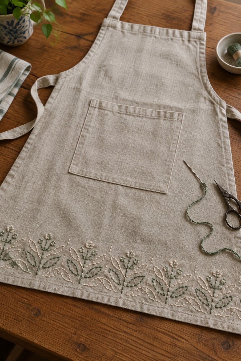 A beige linen apron with a stitched floral border along the hem rests on a wooden table beside sewing tools.