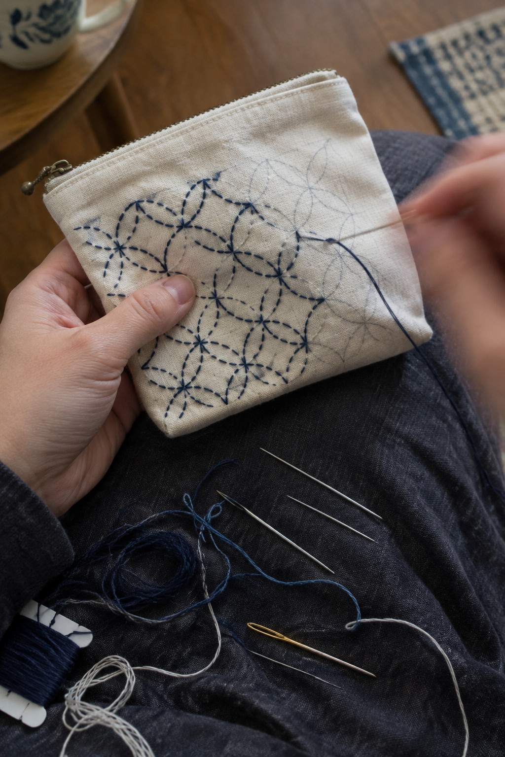 Hands stitch a dark blue geometric pattern onto a light fabric zipper pouch, with needles and thread on their lap.