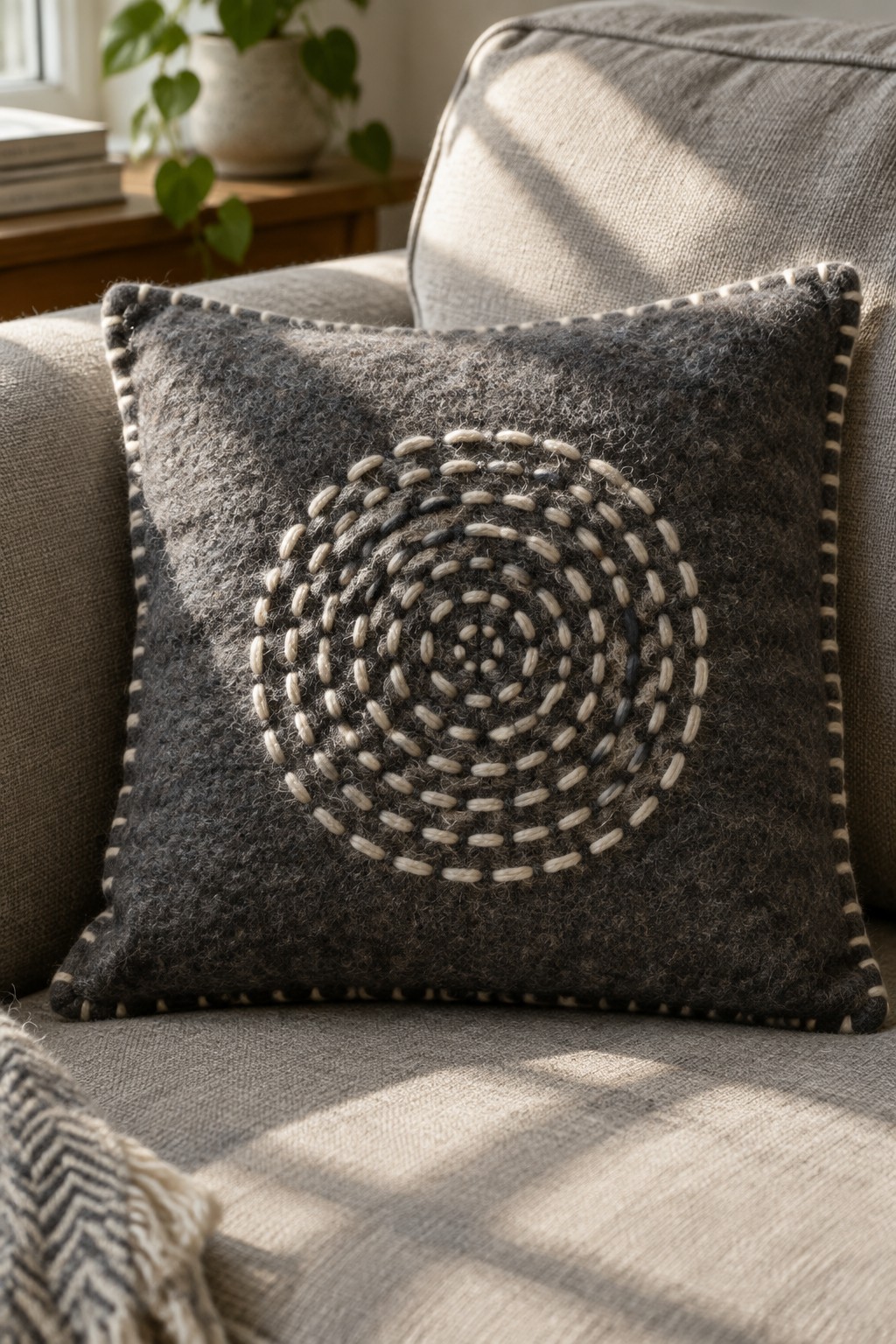 A dark gray cushion with cream spiral stitching and a stitched border rests on a beige sofa.
