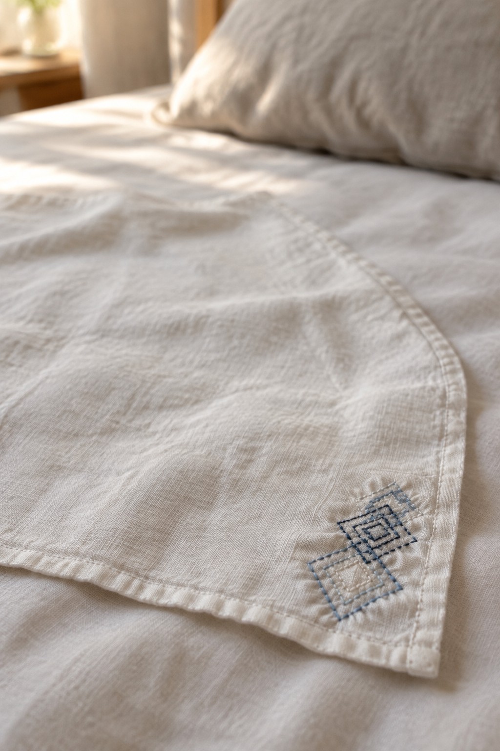 Two small blue square embroidery motifs sit near the hem of a light-colored linen cloth.